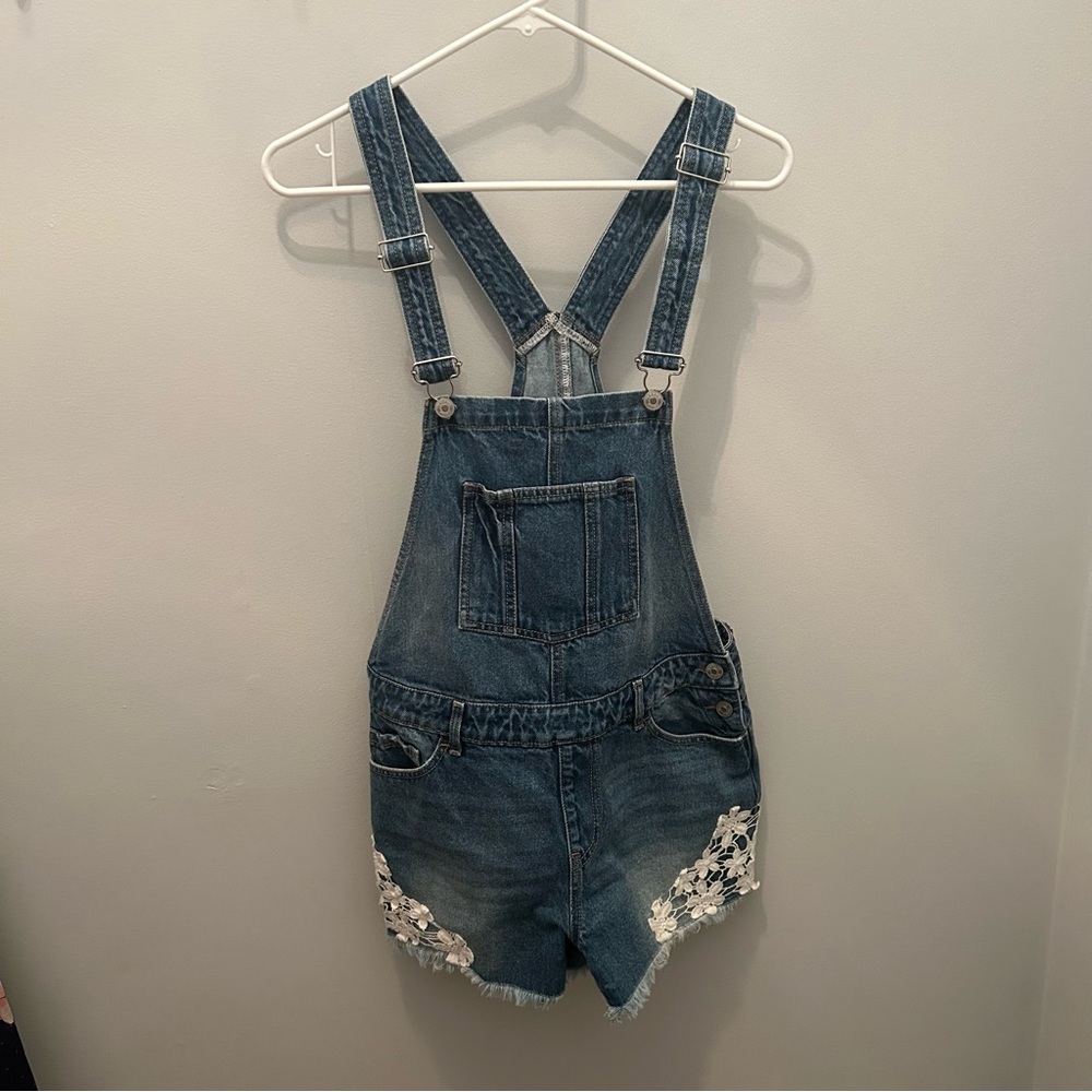 Denim Overalls with Floral Embroidery